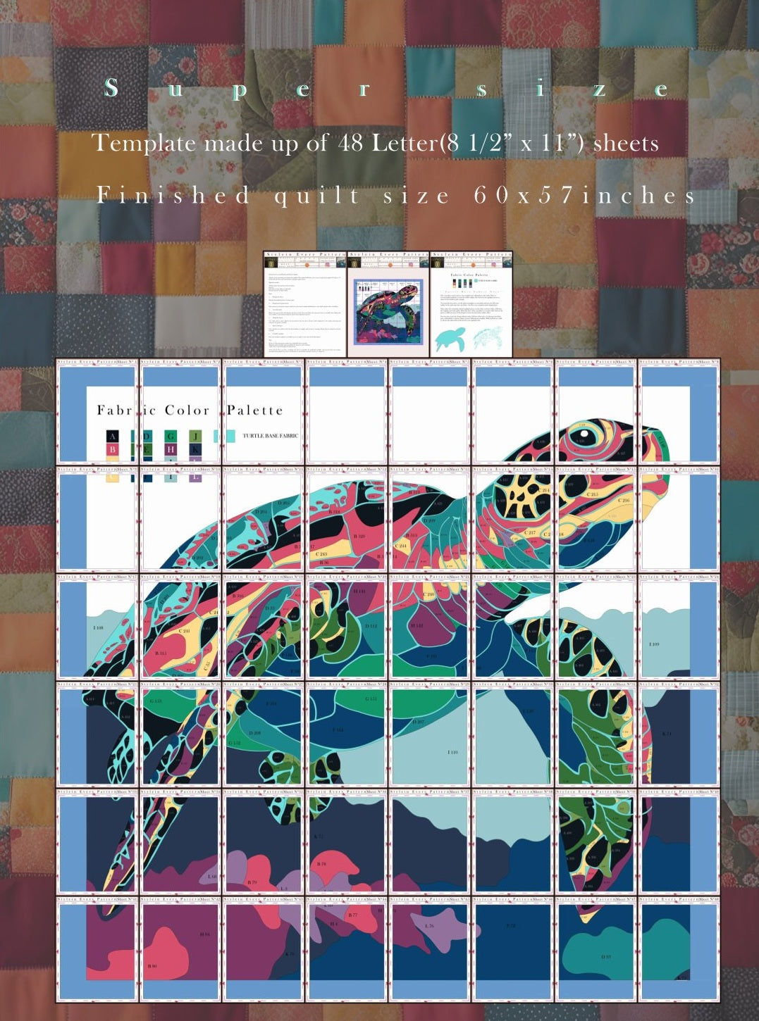 Sea Turtle Quilt Pattern PDF, Raw Edge Applique, Ocean Wall Hanging, Coastal Quilt