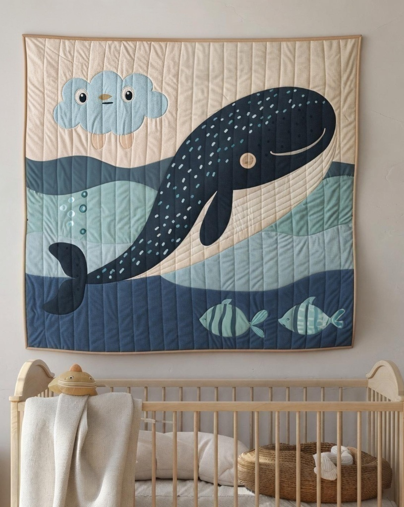 Baby Whale Quilt Pattern PDF Ocean Nursery Applique Wall Hanging Raw Edge